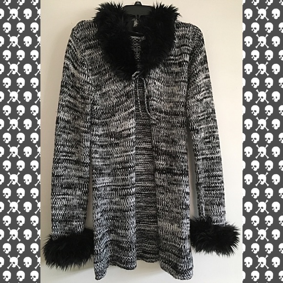 Wishfull Star Sweaters - {Forever} Black & White Marl Fur-Trimmed Cardigan